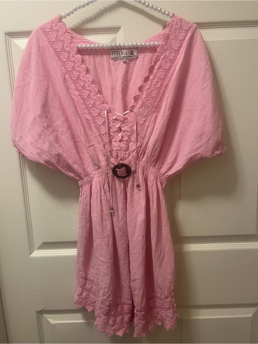 Seaspice Womens Gauze Cotton Pink Lace Trim Resortwear Dress/Beach CoverUp Boho